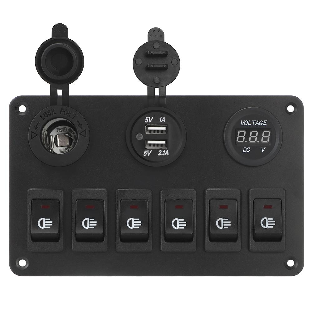 Панель с 6 тумблерами, двойные USB-порты, DC 12В/24В, автомобильная, морская, с автоматическими выключателями, водонепроницаемая, светодиодный цифровой вольтметр, подсветка включения/выключения