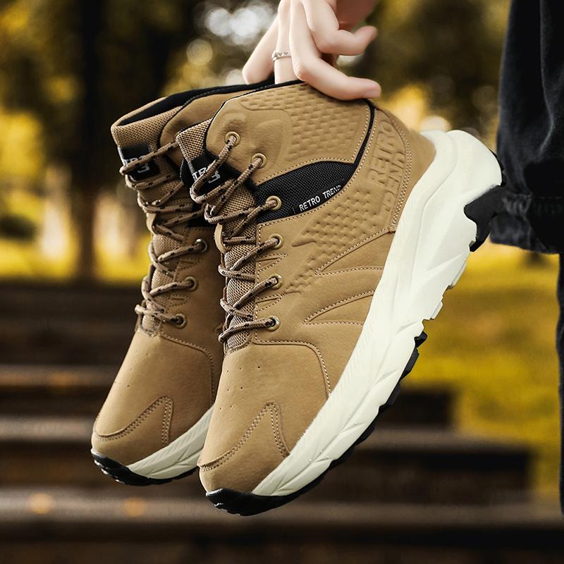 New Outdoor Leather Waterproof Mountaineering Shoes Men's Non-slip Walking High-top Sneakers Women's Thick Soled Daddy Shoes