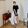 MODIQUE Summer Plus Size New Women Basic Loose Elegant Color Matching Silk Patchwork Long Dresses Female Casual Short Sleeve O-Neck Dresses
