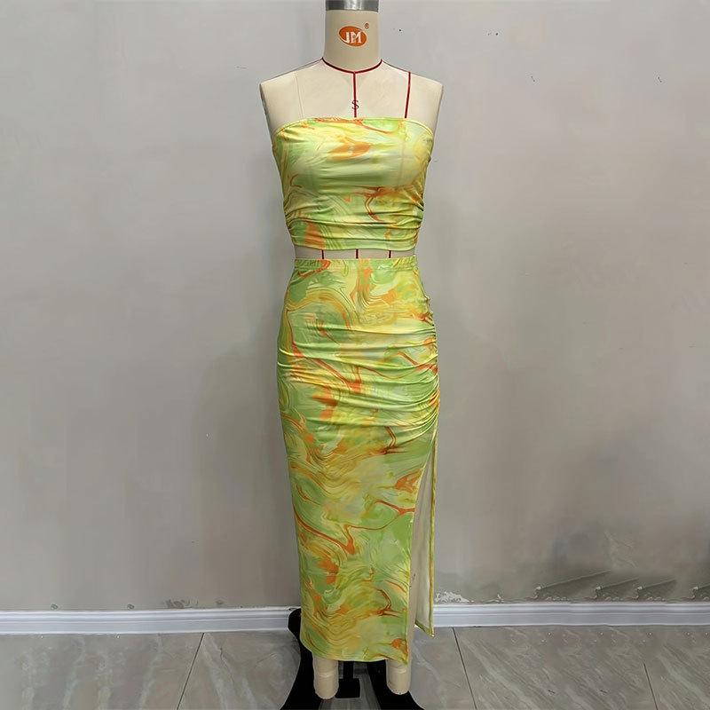 Женский летний комплект из облегающей юбки-футляра с запахом и разрезом в стиле тай-дай