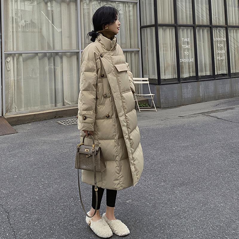 Ветрозащитное пальто с воротником-стойкой, зимние женские пуговицы, большие карманы, длинная парка, утепленная теплая хлопковая куртка, корейская куртка-пуховик
