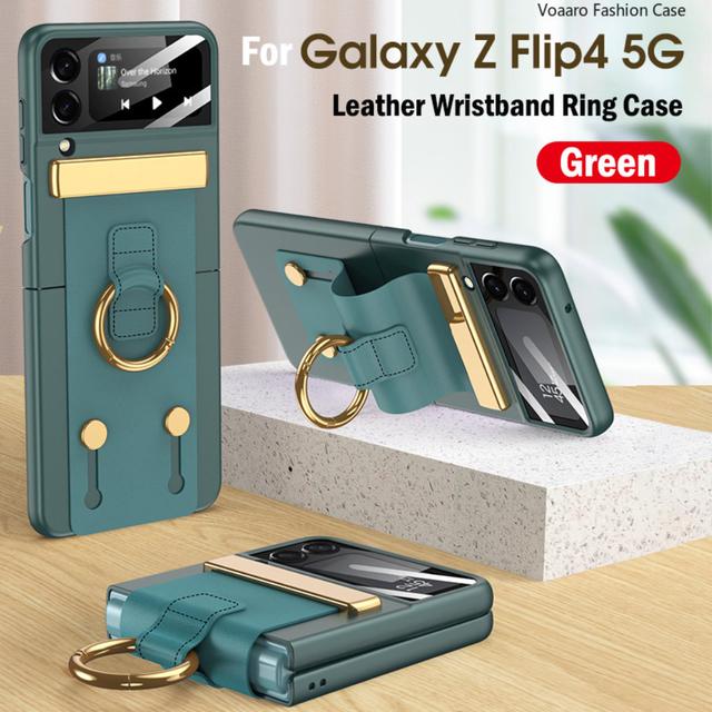 Funda For Samsung Galaxy Z Flip 4 5g Case Leather Wristband Ring Bracket Cover For Samsung Z Flip 4 Strap Case With Camera Film