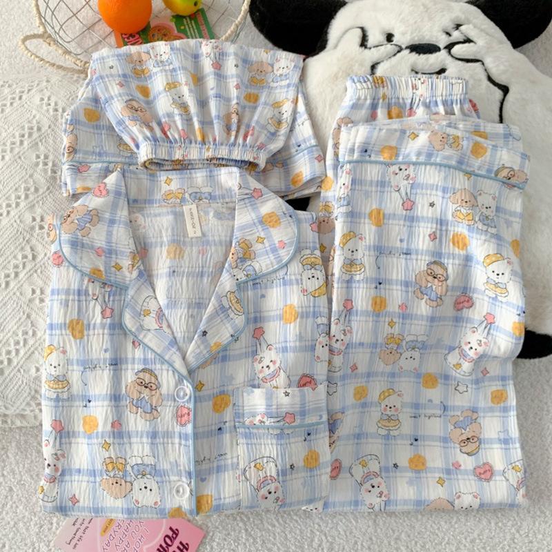 Cloud cotton pajamas women's summer short sleeves shorts trousers three-piece set sweet cartoon thin loungewear spot