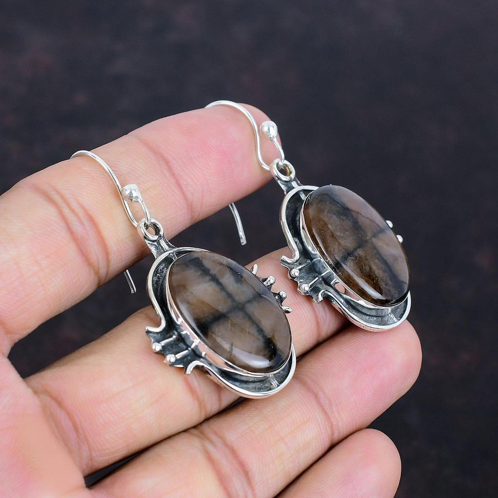 Серьги из хиастолита, натуральные драгоценные камни, уникальные ювелирные изделия, серьги из стерлингового серебра 925 пробы, серьги ручной работы, хиастолит, ювелирные изделия в подарок для женщин