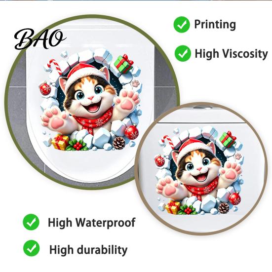 Creative Holiday Bathroom Accents Christmas Cat Toilet Seat Decal, 3D Break Through Wall Cute Kitten Self Adhesive Decors Tank Sticker, Self-Adhesive