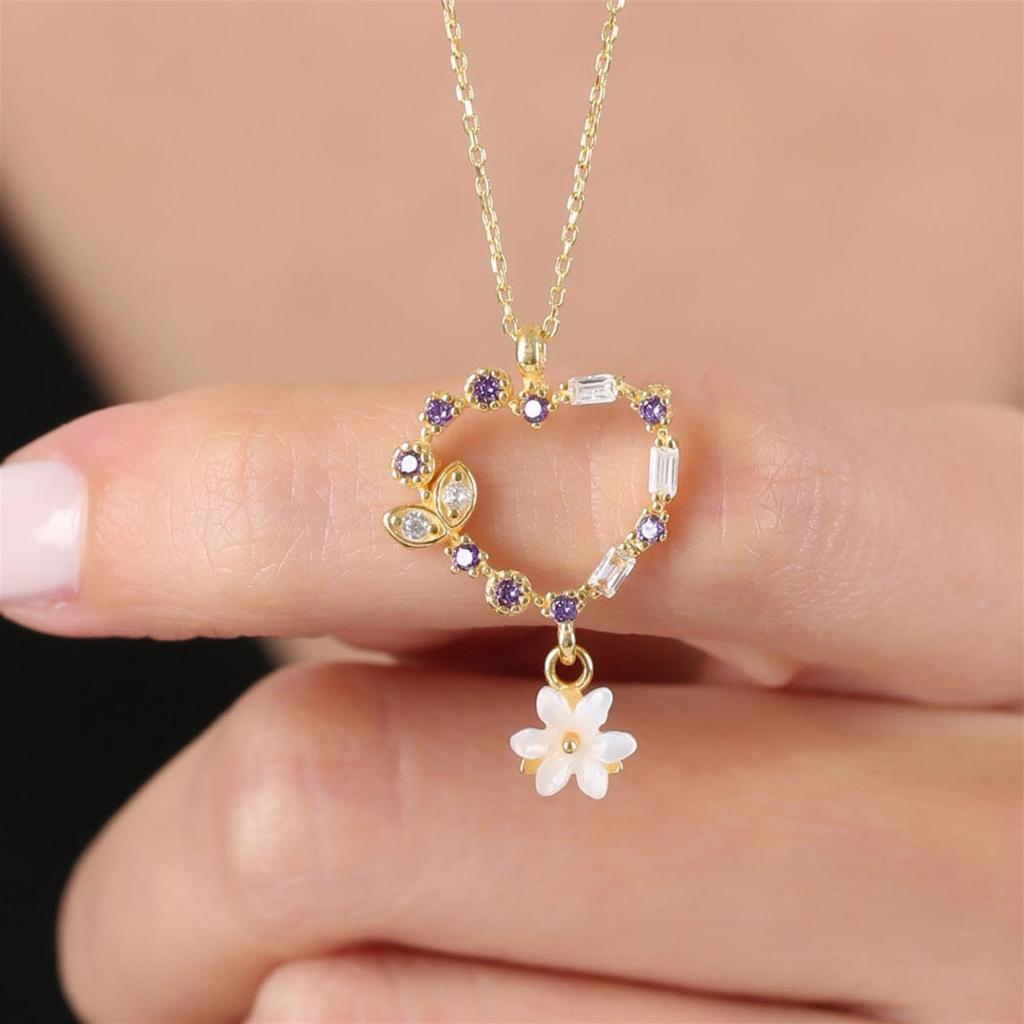 Magnolia Flower Amethyst Stone Heart Bead Gold Color Flowers Silver Necklace