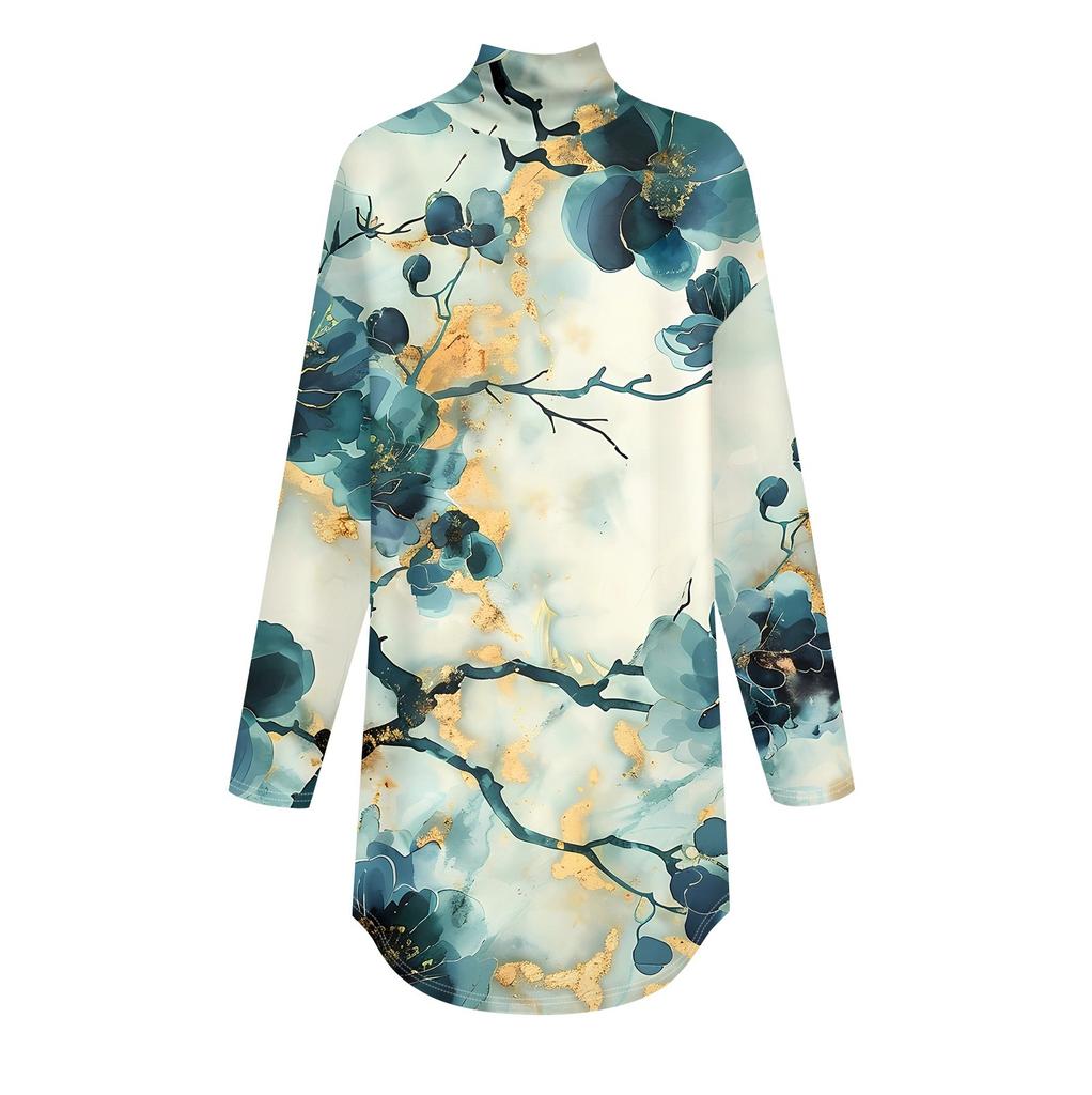 Женская модная повседневная футболка с длинным рукавом с высоким воротом и принтом, пуловер, топ