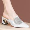 Women Cute Pointed Toe Floral Crystal Spring Slip On Square Heel Shoes Lady Casual Grey Comfort Heel Pumps Ab559
