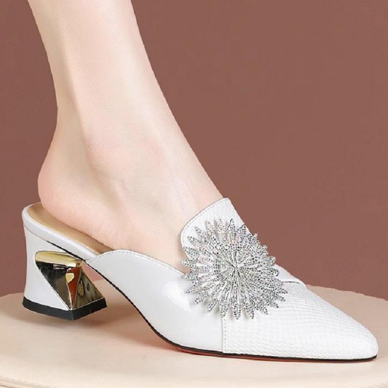 Women Cute Pointed Toe Floral Crystal Spring Slip On Square Heel Shoes Lady Casual Grey Comfort Heel Pumps Ab559
