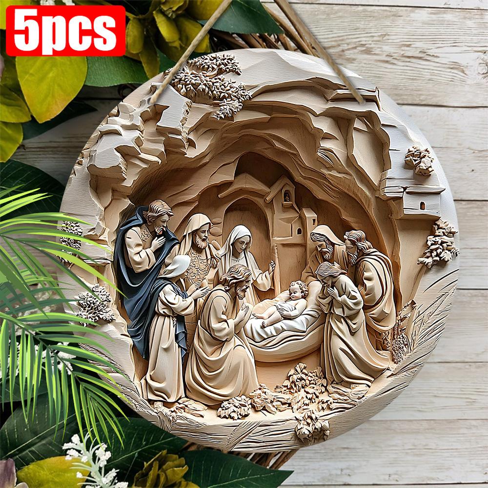 5 шт. Деревянная вывеска с изображением рождественской сцены - 2D плоская круглая 7,87 дюйма Рождественский настенный декор, универсальное праздничное подвесное украшение для дома, сада и праздничной вечеринки