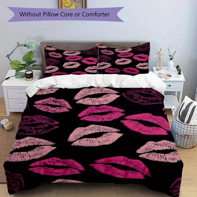3pcs Lipstick Kiss Print Bedding Set, Breathable and Soft, Suitable for Bedroom Decor (1*Duvet Cover + 1/2*Pillowcases, No Core) yy250821128