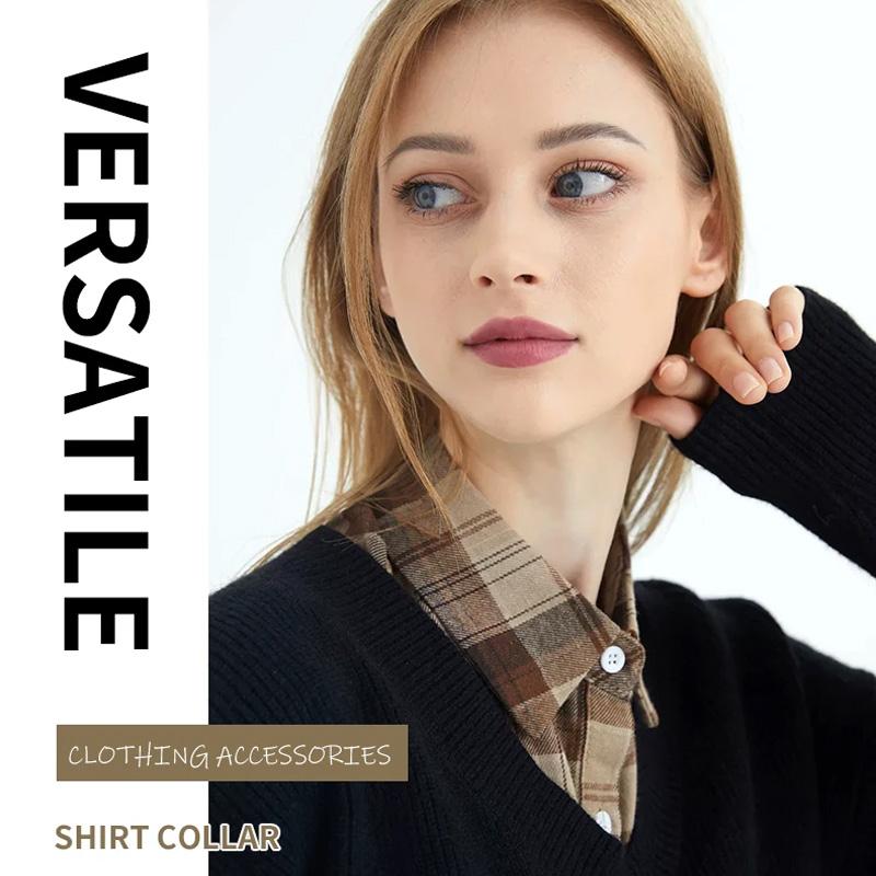 1Pc Fake Collar Leisure Travel Maillard Elegant Checkered Various Tops Shirt Lining Sweater Inner Layer Brown Tones