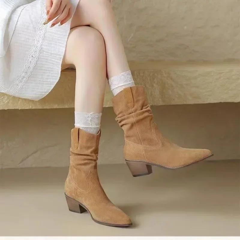 New Mid-Calf Women's Boots Fashion Slip-on Modern Boots   Sale Round Toe Square Heel Shoes
