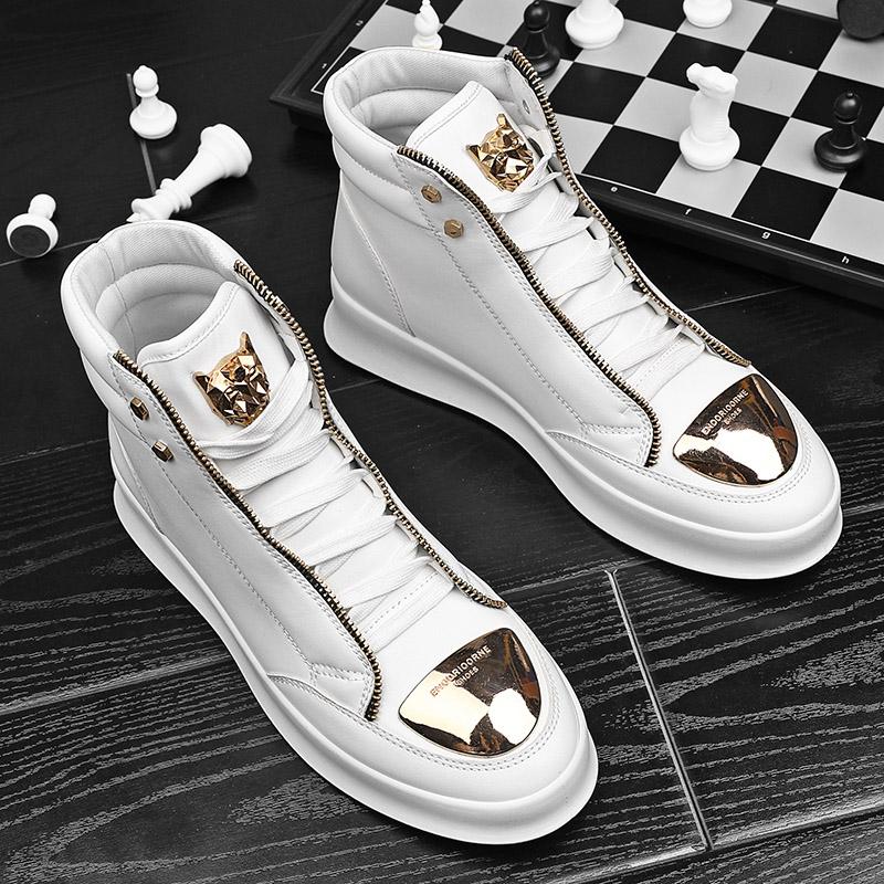 Fashion Hot Sale White High Top Sneakers Men Leather Casual Sneakers Fashion Zipper Design Ankle Boots Men Rock Street Hip Hop Shoes Men
