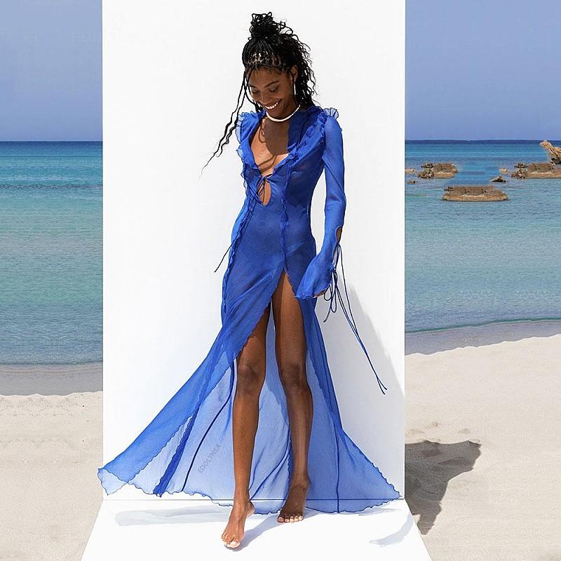 EDOLYNSA Sexy V Neck Perspective Ruffle Drawstring Maxi Dresses Women Spring Summer Elegant Side Split Beach Dress Cover Up A1942