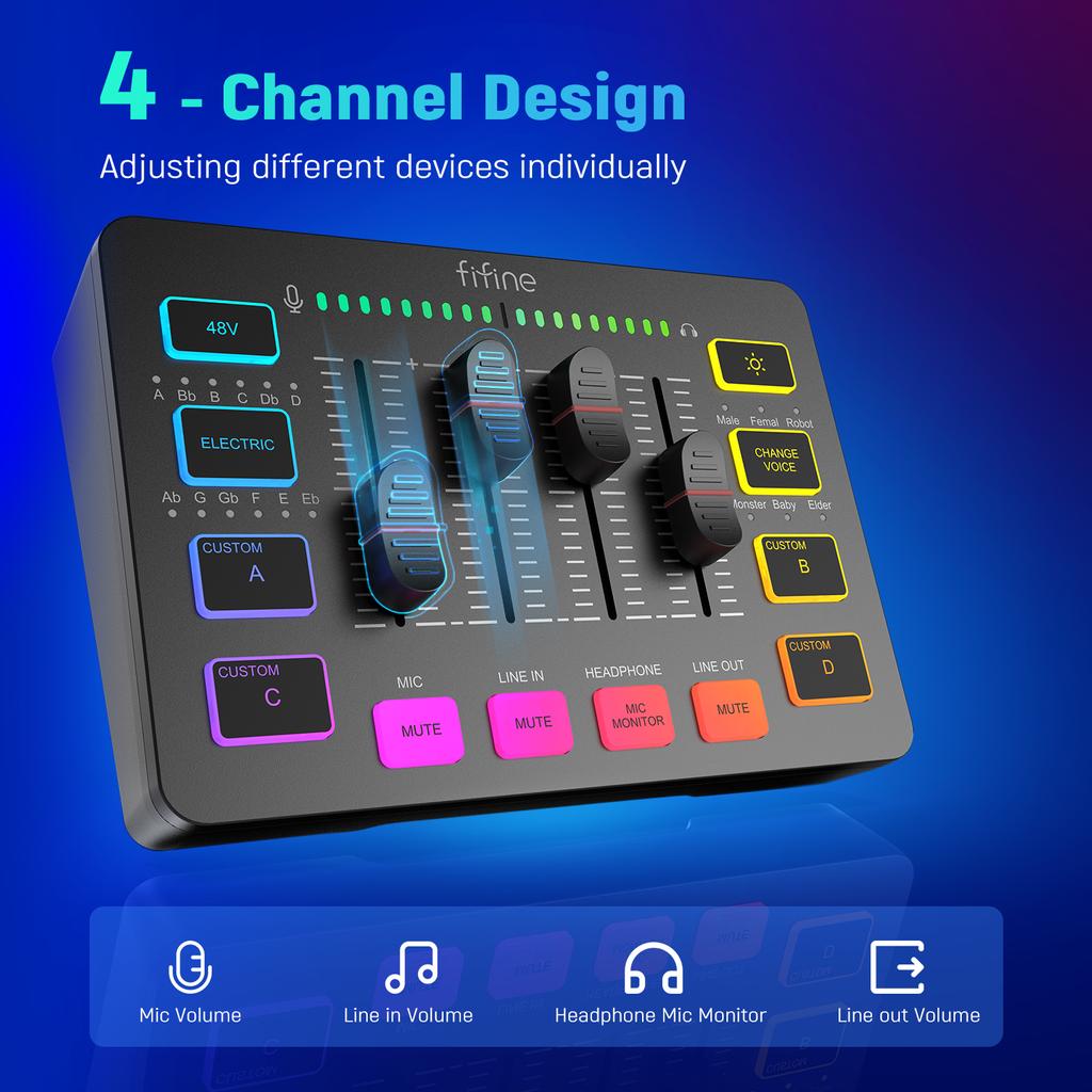 Игровой аудиомикшер FIFINE, потоковый 4-канальный RGB-микшер с интерфейсом микрофона XLR, для игрового голоса, подкастов, AmpliGame SC3