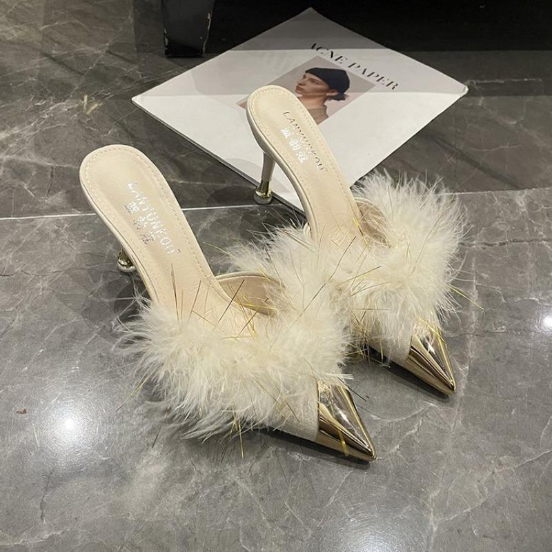 Мода Мода Остроносые Мохнатые Тонкий Каблук Полушлепанцы для Женщин 2025 Осень Удобные Универсальные Элегантные Повседневные Высокий Каблук Шлепанцы
