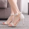 Women Stiletto Thin High Heel Sandals Sexy Ankle Strap Open Toe White Beaded Glittering Party Bridals Wedding Lady Shoes