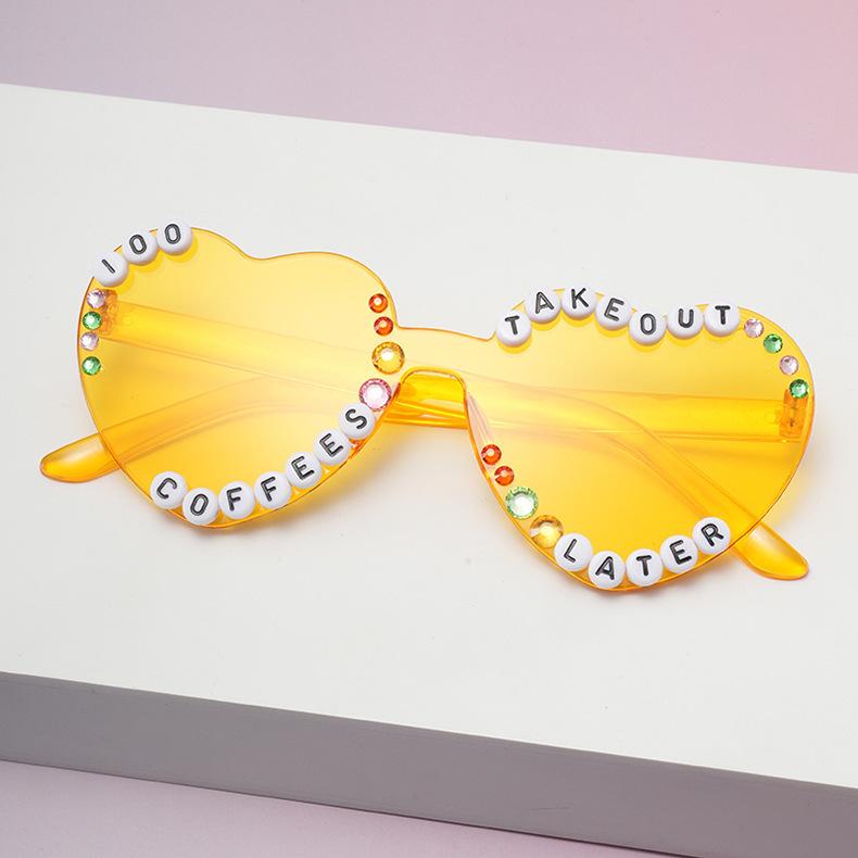 Letter peach heart frameless sunglasses adult integrated diamond-encrusted glasses jelly love sunglasses