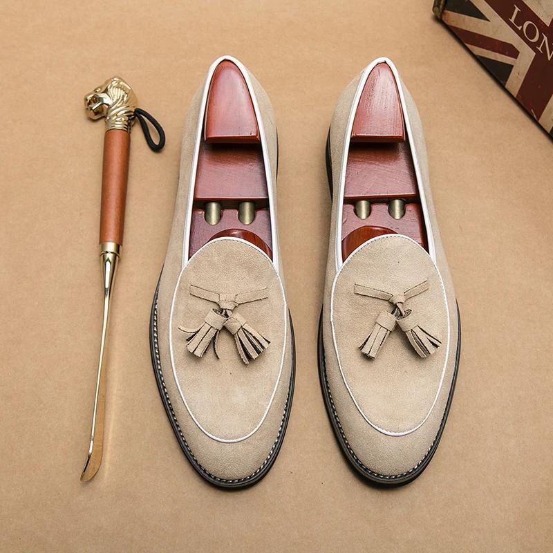 Italian Luxury Brand Suede Men's Tassel Design Loafers Slip-on Handmade High Quality Nubuck Leather Shoes Pointed Toe Thick Sole
