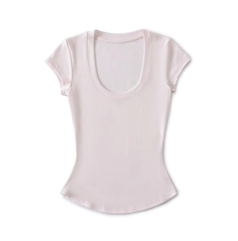 Summer new women's American Tencel U-neck short-sleeved front shoulder T-shirt Spice Girl solid color basic slim-fit and thin top