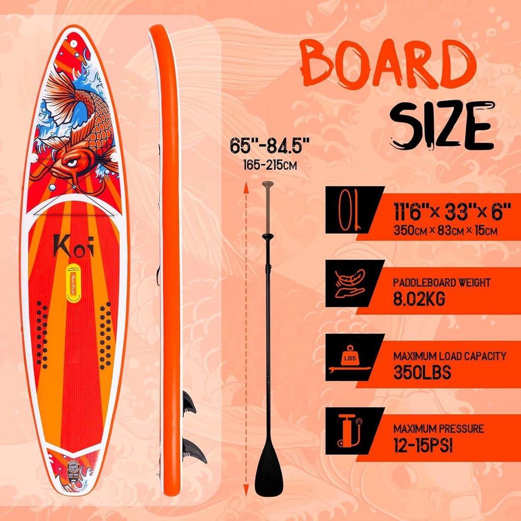 FunWater 11'6" Classic SUP Board Set – 8kg, 150kg capacity, 15cm thick – incl. paddle, pump, backpack – Koi Red - SUPFR01E