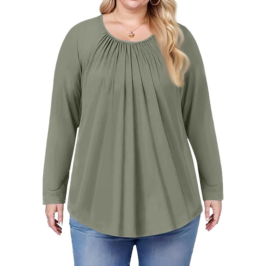 Women's Plus Size Fashion Solid Colour Casual Pleated Round Neck Long Sleeve Top