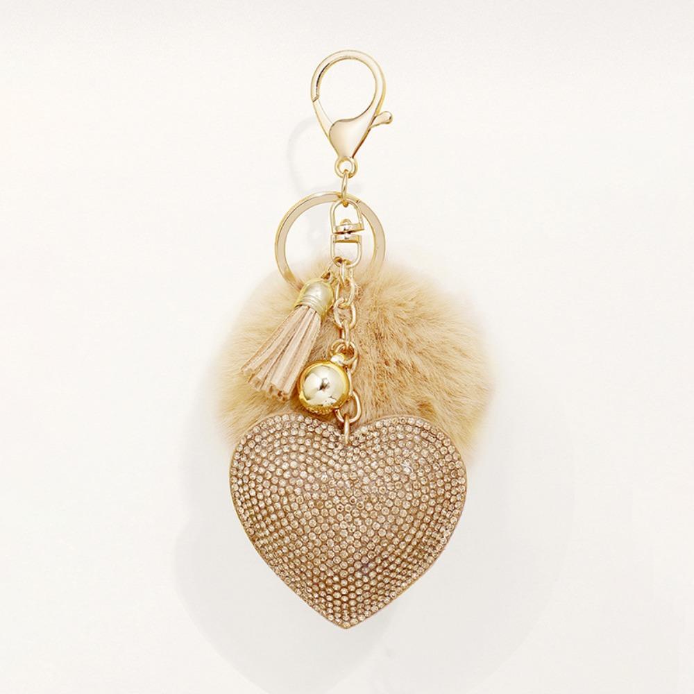 Модный Пушистый Плюшевый Брелок-Шарик Искусственный Мех Помпон Стразы Сердце Подвеска на Сумку Однотонное Кольцо для Ключей Сплав Брелок-Шарик из Искусственного Меха