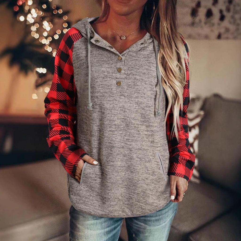 Shiying Плед Колорблок Вафельный Свитшот - Женский Повседневный Осенне-Зимний Топ на Пуговицах