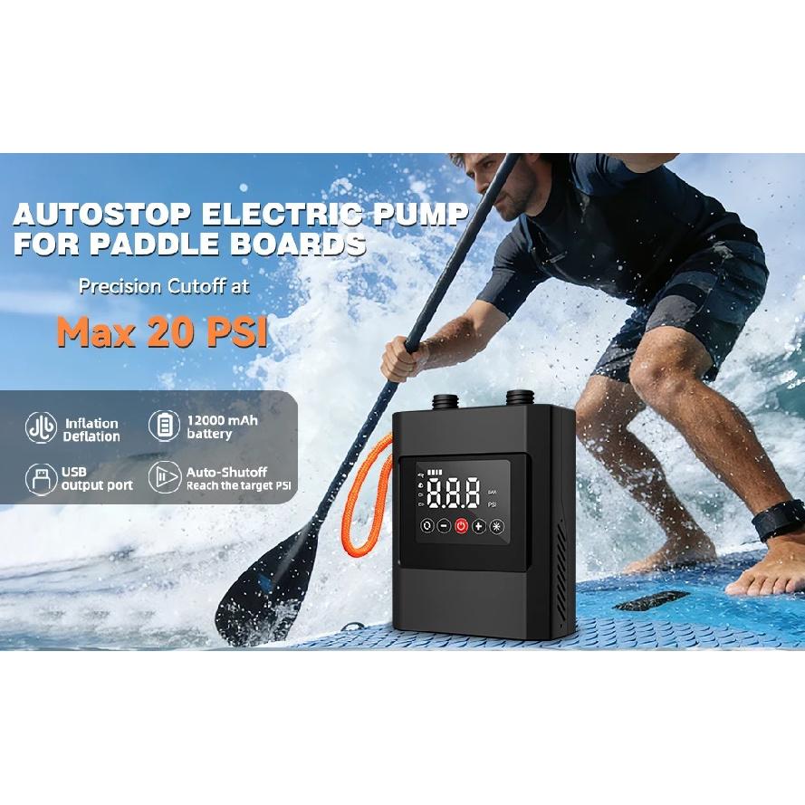 20PSI Electric High Pressure Paddle Board Pump, 12000mAh Dual-Stage Auto-Off, 12V DC Car Connector for Paddle Board Kayak Boat