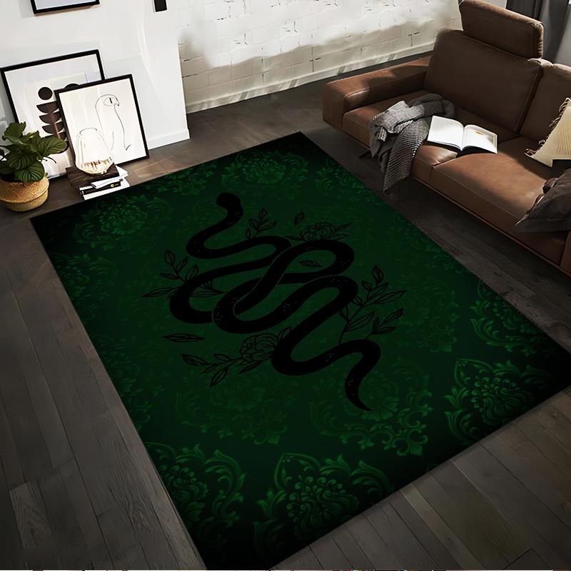 Black Snake on Green Patterned Backdrop Non-slip rug suitable for living room and bedroom sofas.