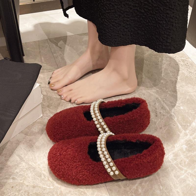 Круглый носок повседневные женские туфли лоферы меховые лодочки с коротким горлом новые осенние флокированные жемчужные пряжки повседневные резиновые однотонные Mary