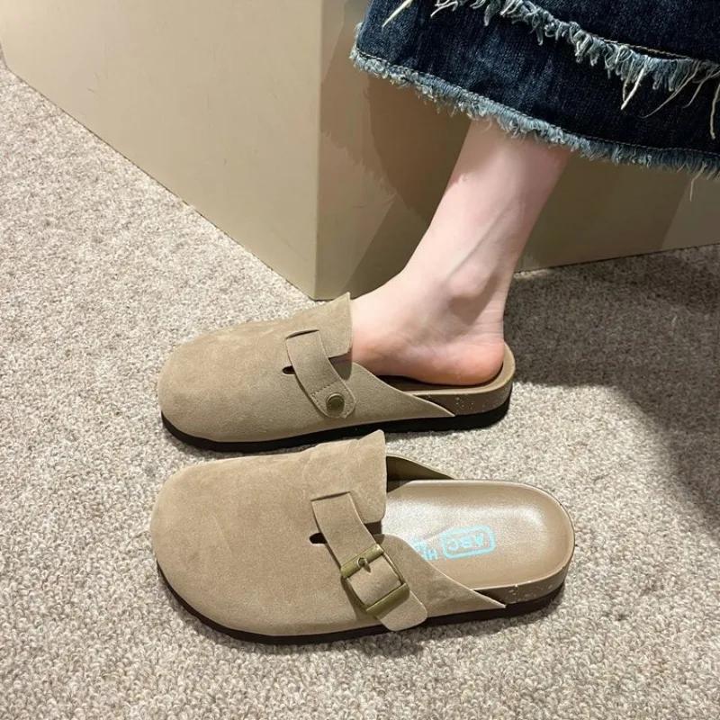Zapatos Mujer Новые женские замшевые мюли Тапочки на плоской подошве Бостонские сабо Сандалии Модные уличные слипоны Пляжные сандалии