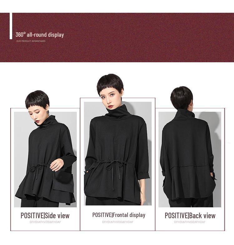 Трендовый женский топ в европейском и американском стиле, темный, с длинными рукавами и кулиской на талии - весна/осень