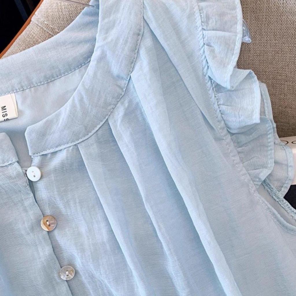 Женская летняя свободная и стройнящая блузка большого размера с рукавами-воланами и французскими рюшами