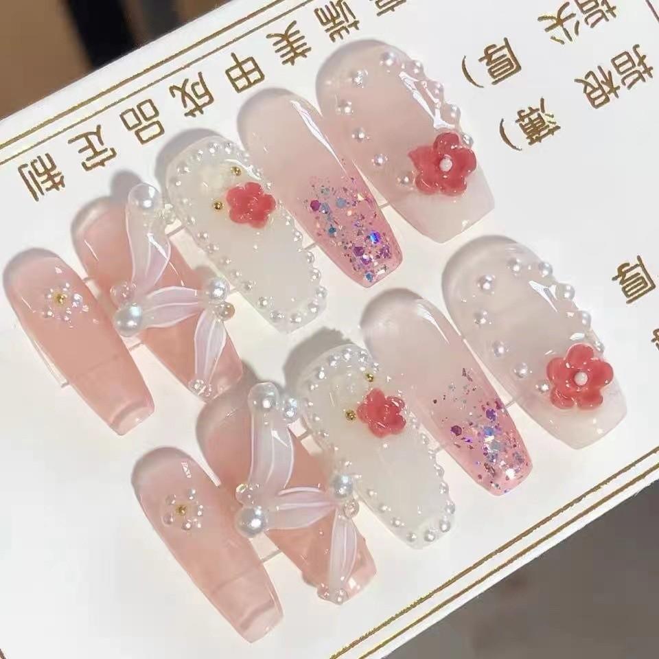 HANDMADE Medium-length Coffin Shaped Trapezoid Artificial Nail Pink Cute Sweet Princess Love Blush Crystal Diamond Phototherapy Nails Reusable
