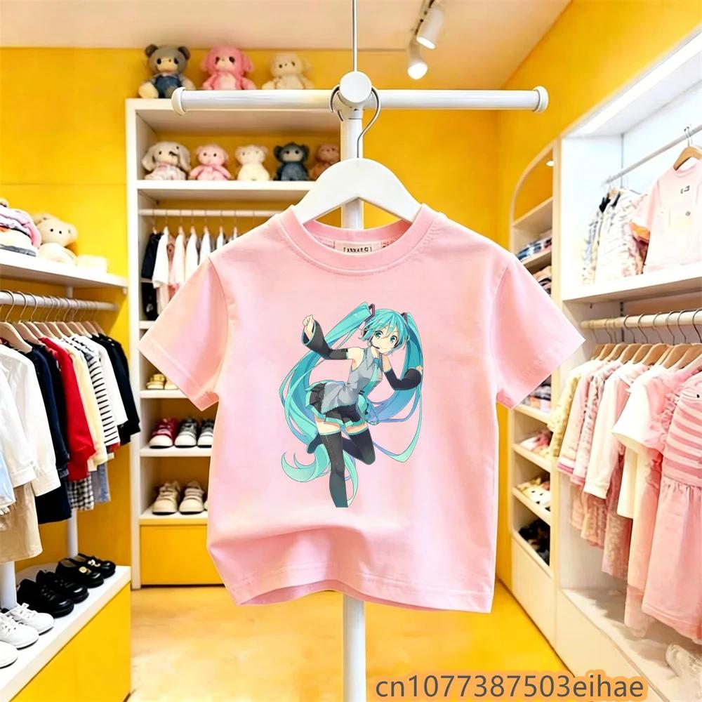 Hatsune Miku Anime Future Peripheral Cartoon Printed Pure Cotton COS Collaboration Casual Tshirt Leisure Wear for Boys Girls