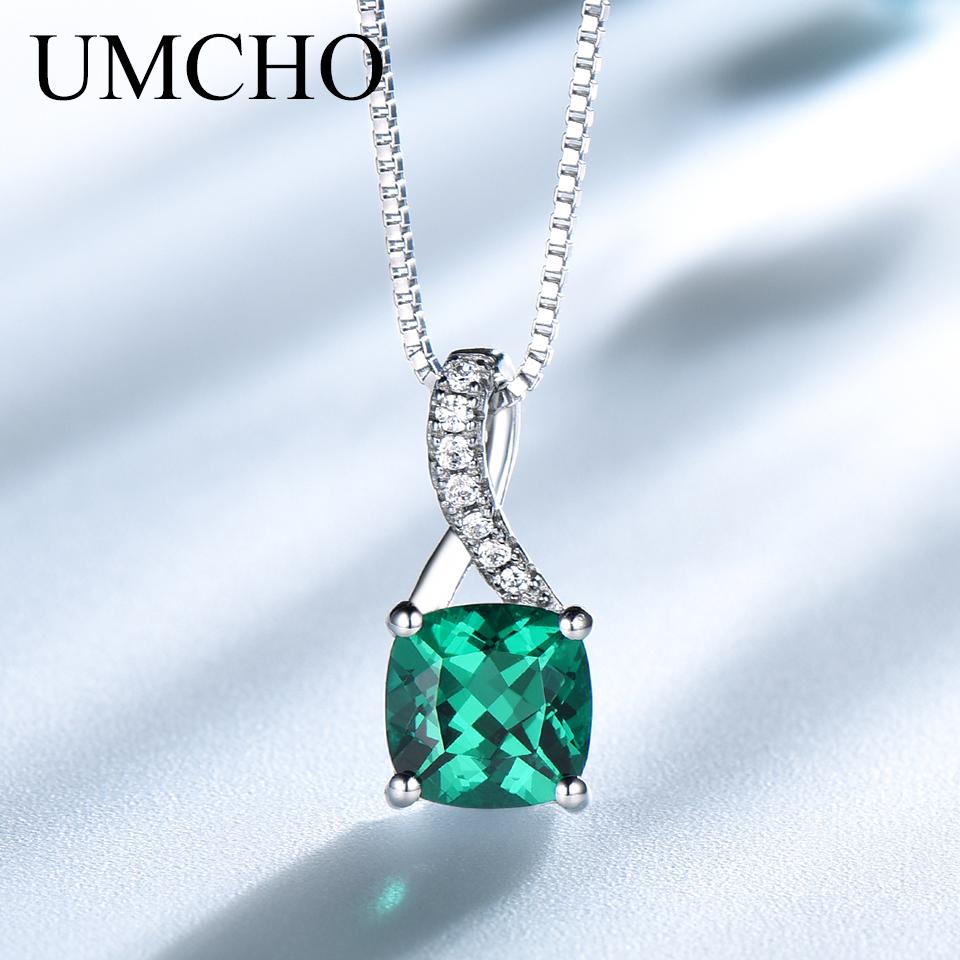 Umcho Created Emerald Gemstone Pendants For Women Genuine Solitaire Pendant Necklace Brand Jewelry New