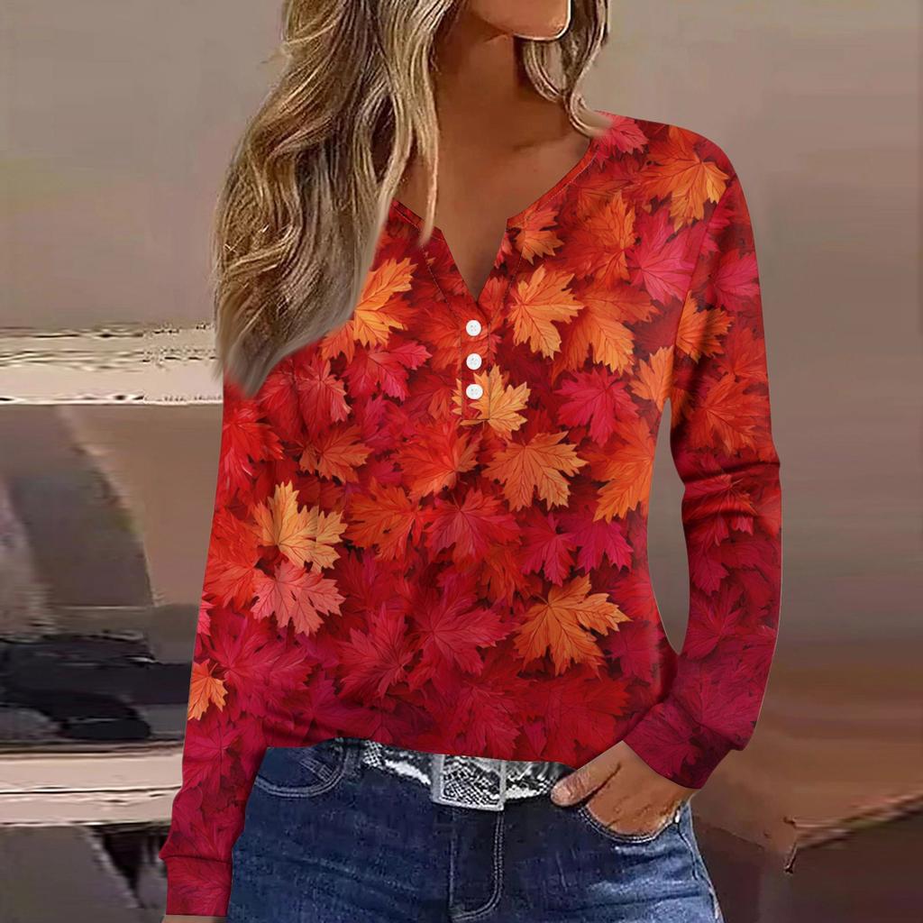 Жен. Футболка Футболка на пуговицах с длинным рукавом Повседневные Выходные Мода Классический Топ с v-образным вырезом Обычный