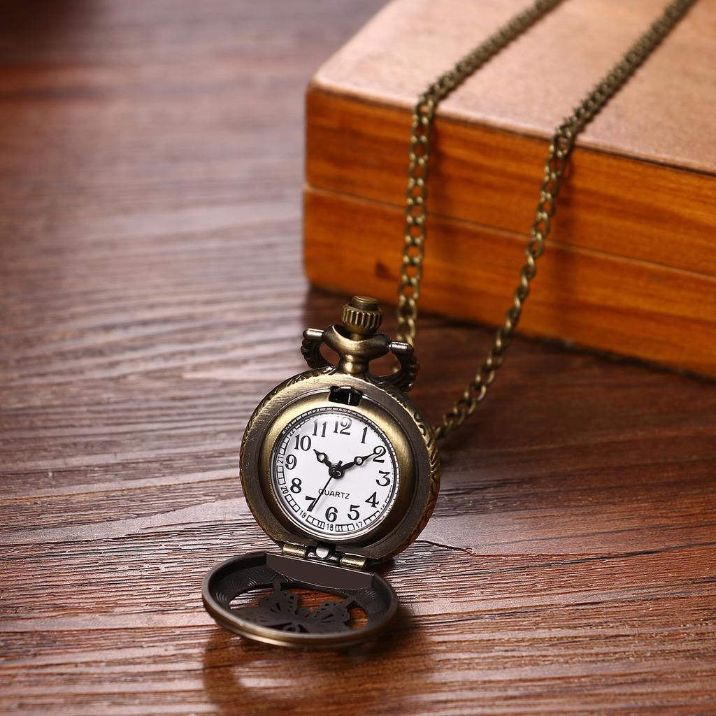 Pocket Watch Butterfly Analog Antique Pocket Watch Pendant Watch Necklace Chain Bronze Birthday Anniversary Christmas Valentine White Day Present