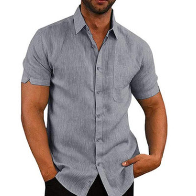 Summer Lapel Solid Color Short Sleeve Button Up Men Linen Shirt Plus Size Men's Tops