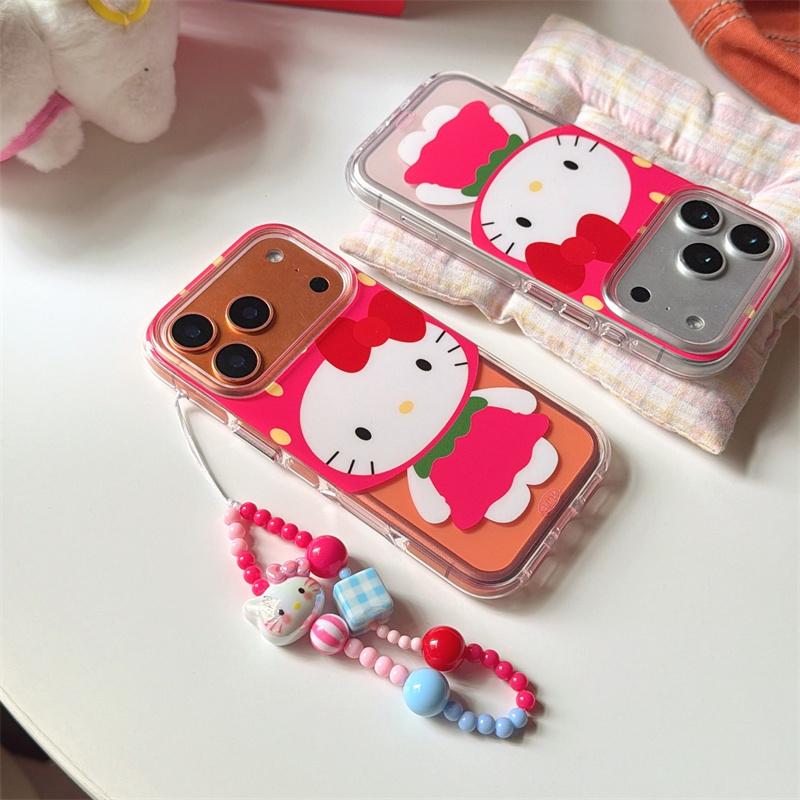 Kawaii Red Bow Cat Case For iPhone 17 16 15 14 Pro Max with Strawberry Outfit, Beaded Strap and Airbag Bumper Shockproof Cover