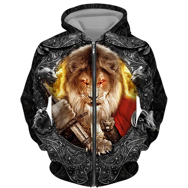 Spring Autumn Men's Zipper Hoodie Sweatshirts 3D Animal Lion Beast Printing Hooded Pullover Fashion Jacket Casual Sportswear
