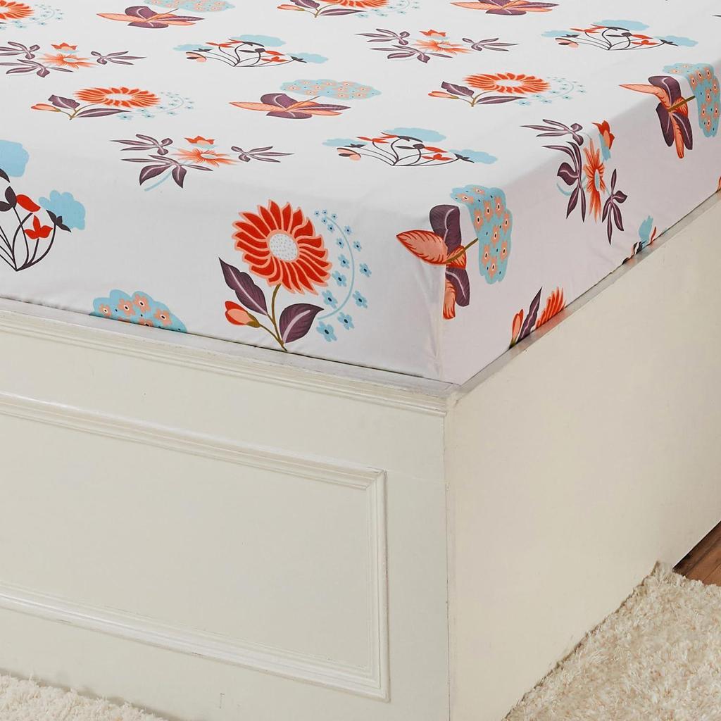 Queen Size Flat Bedsheet with 2 Pillow Cases | 180 TC | 100% Cotton | Washing Machine Washable | 90 X 100 Inches | Floral Design