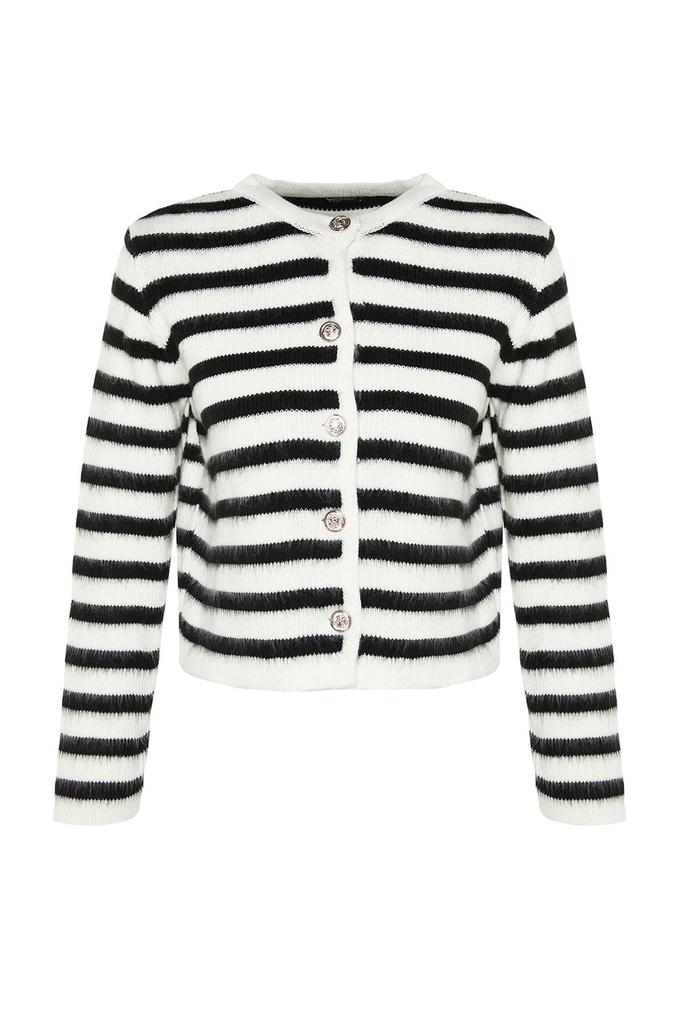 Women's Fashion Stylish Cardigan Navy Blue Soft Textured Striped Jacket Look Knitwear Cardigan