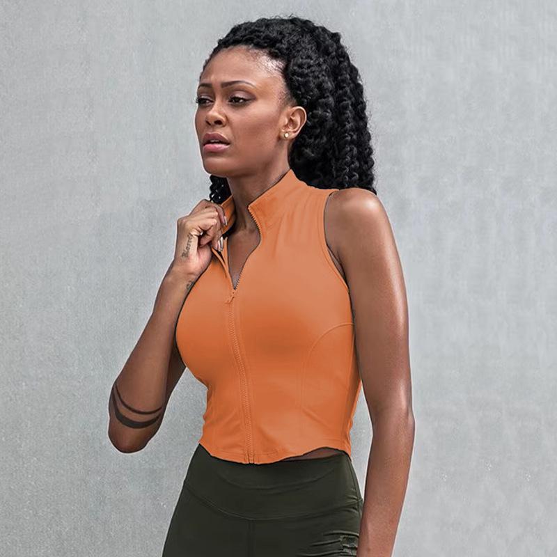 Женский жилет для йоги без рукавов на молнии в европейском и американском стиле — модный воротник-стойка для бега, фитнеса, танцев и других видов спорта.