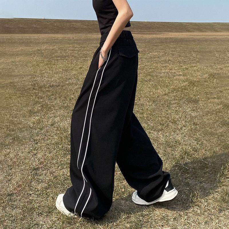Хиппи, черные полосатые мешковатые брюки по бокам, Harajuku, корейские спортивные штаны большого размера, винтажные свободные спортивные брюки для бега, прямые широкие брюки
