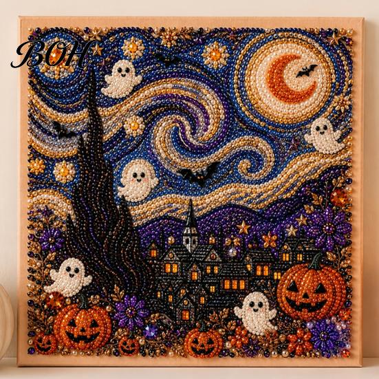 Fall Holiday Decoration Halloween Faux Pearl Art DIY Kit, 3D Bead Embroidery Craft Set, Spooky Handmade Ghost Pumpkin Goat Witch Wall Art, Seasonal