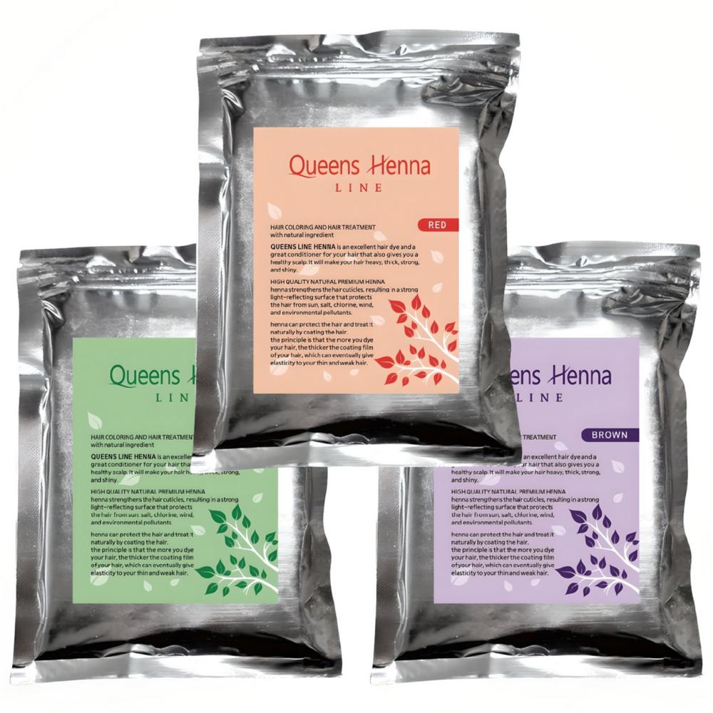 Линия Queens Henna Набор из 3 предметов Натуральная хна для окрашивания волос Покрытие седых волос Красный + Коричневый + Натуральный 1 шт