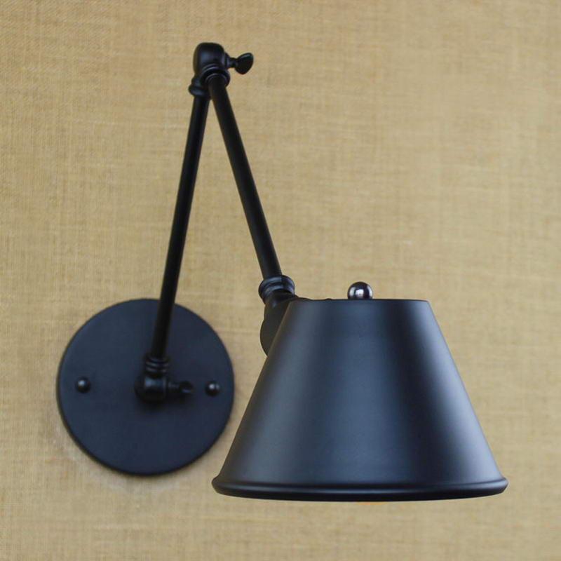 Настенный светильник с матовым черным железным абажуром в стиле ретро в стиле ретро, ​​регулируемый рокер E27/E26